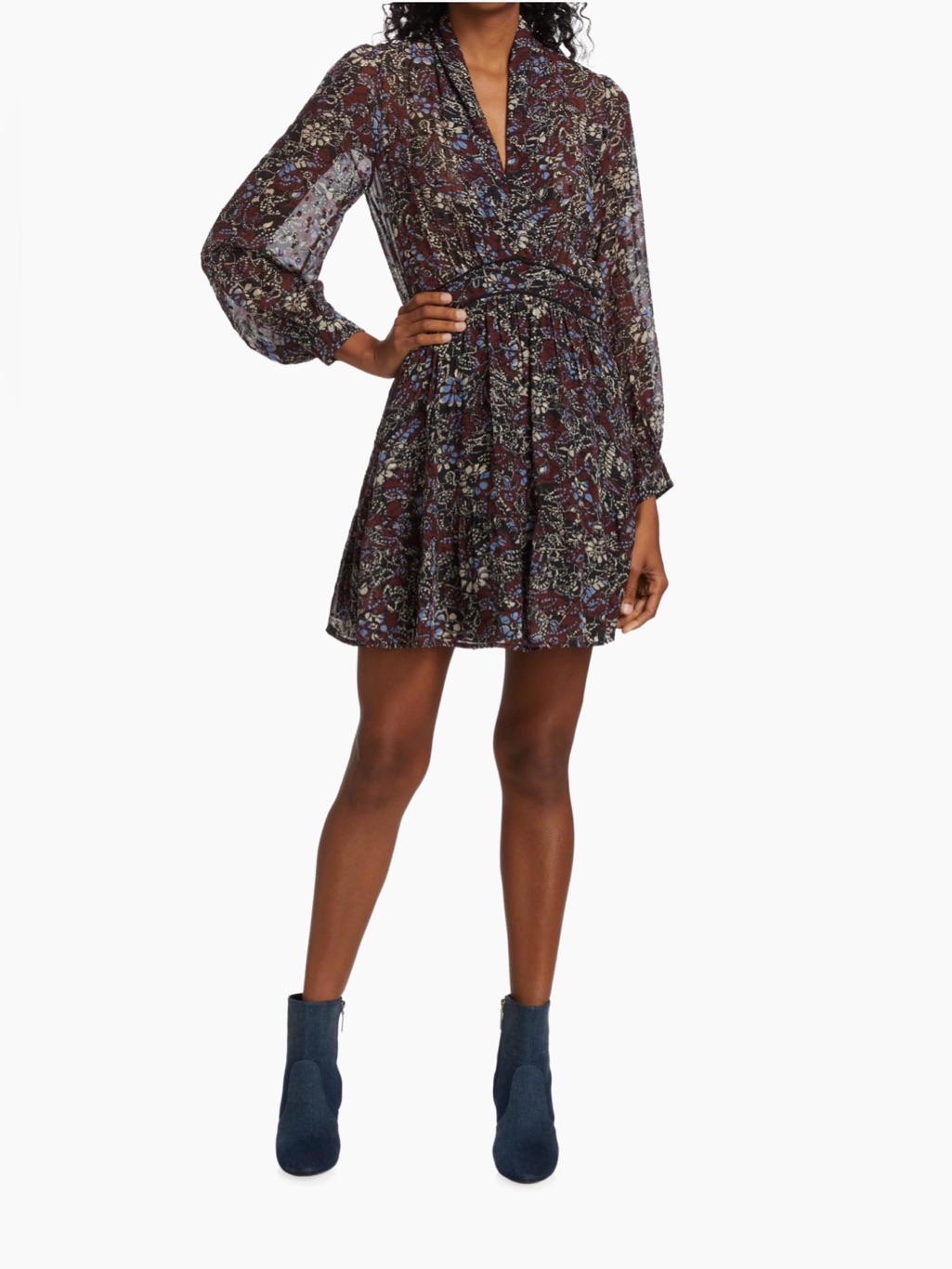 Ba&Sh Giani Sheer Black Burgundy Floral Long-Sleeve Mini Dress Size Xs
